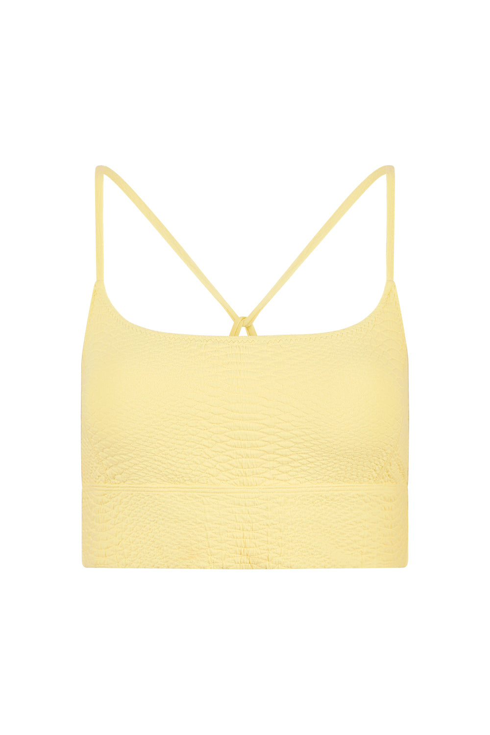 The Gigi C Sport Finle Snakeskin Bra features a light yellow, textured design with thin spaghetti straps and customizable support, displayed against a white background.