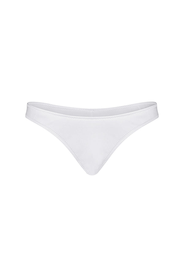 The Kimberly Bottoms by Gigi C Bikinis, crafted from silky scuba fabric, have a sleek design with minimal coverage. These white bikini bottoms are smooth, seamless, and feature a moderate rise with narrow sides and a subtle sheen.
