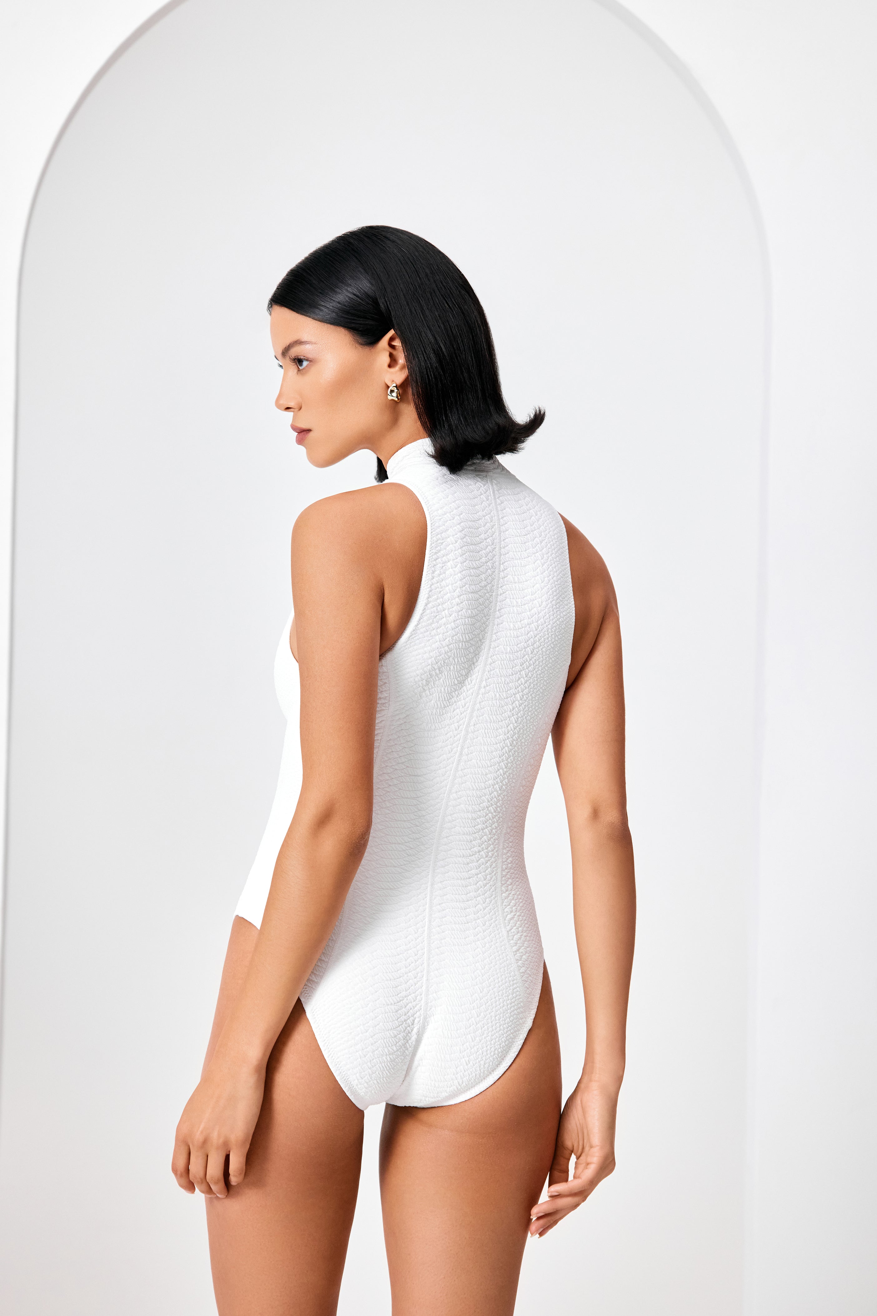 White Scuba Surfsuit in Faux Snakeskin Textured Fabric