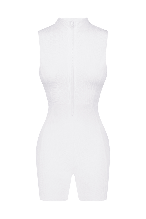 White Short Sleeve Sports Romper in Textured Fabric