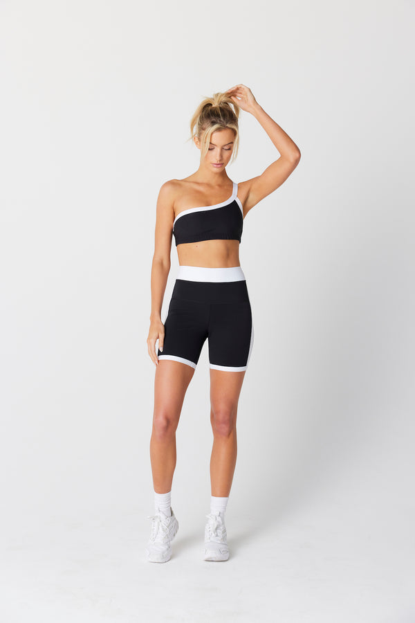 Addie Asymmetric Black and White Sports Bra